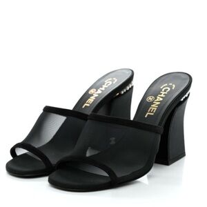 CHANEL Black Mesh Pearl Open Toe Mules size 9